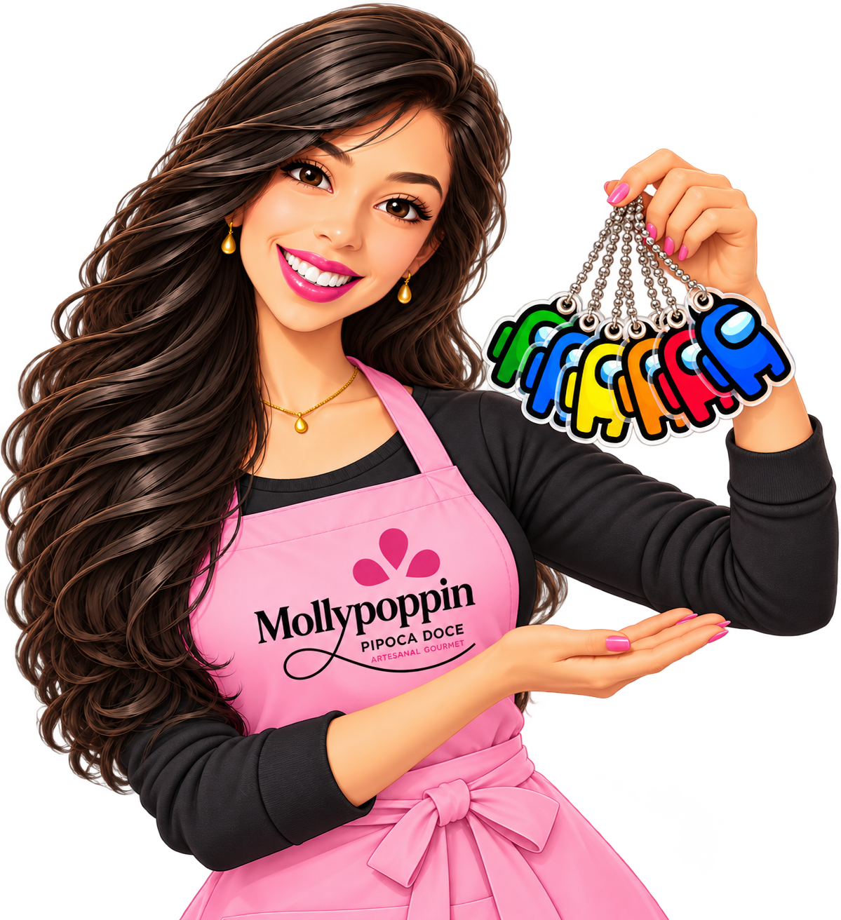 Persona Mollypoppin segurando tags coloridas para apresentar a área de personalizados